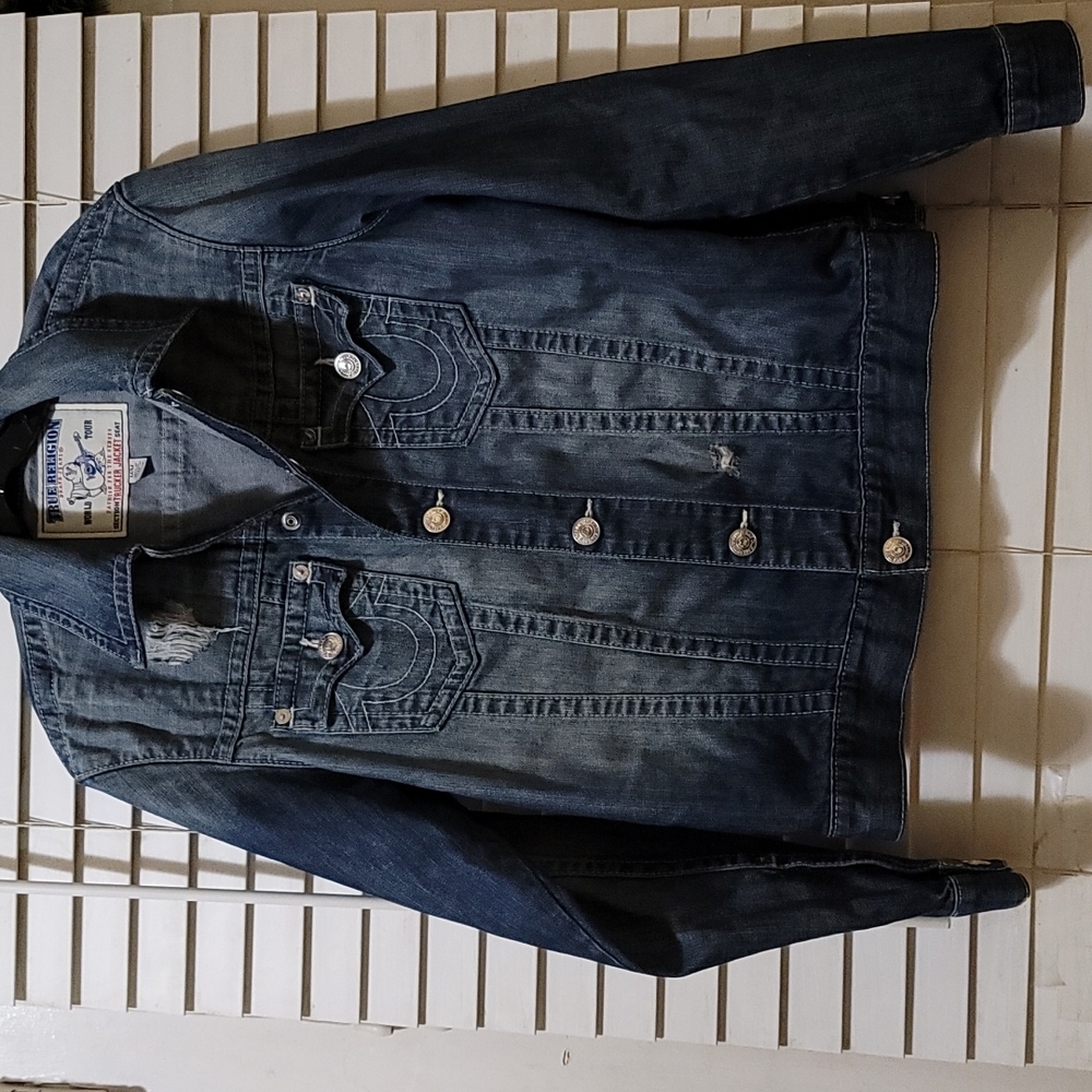 **SOLD***MEN'S TRUE RELIGION TRUCKER DENIM JEAN JACKET MED EUC - Picture 1 of 8